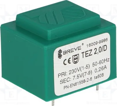 Obrázek produktu pro 1x Transformátor: napětí 7,5V, proud 266,6mA, výkon 2VA, vstupní napětí 230VAC. Montáž: TEZ2/D230/7.5V