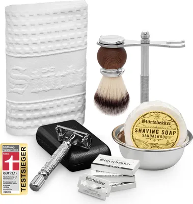 Produktbild von Störtebekker Genießer Set - Rasierhobel Silber – mit handgefertigtem Lederetui Schwarz - Rasierset / Bartpflege Set Herren, Geschenkidee Herren
