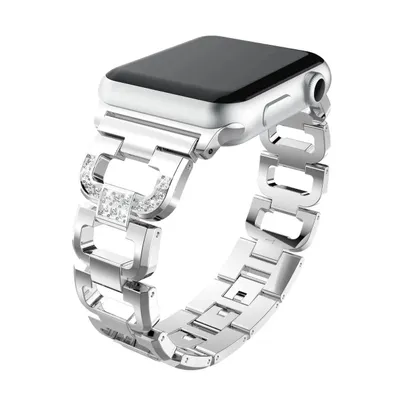 Produktbild von FFO2World Edelstahl-Diamantarmband für Apple Watch 42/41/40/38 mm (Serie 1–11, SE) – elegantes D-förmiges Metallarmband – Silber