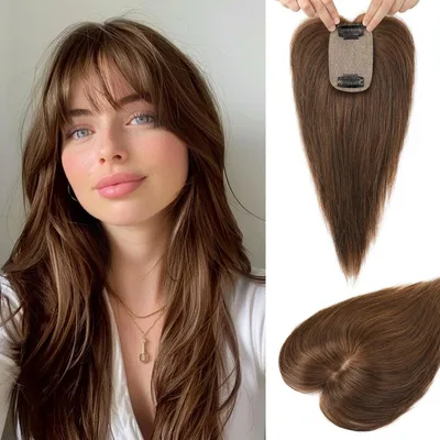 Image de Postiche pour femmes, 26 cm, attache par clips, couleur marron moyen, base en soie