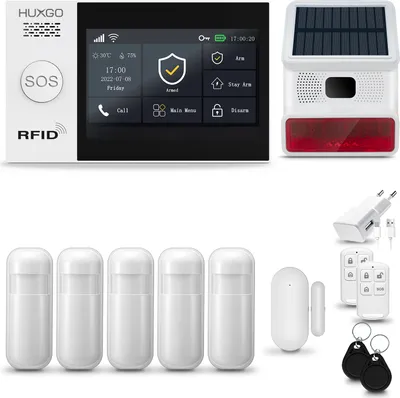 Image de HUXGO HXA007 Système d'alarme maison WiFi + GSM 4G LTE avec sirène sans fil, système d'alarme avec 5x capteur de mouvement et 1x capteur porte/fenêtre, système d'alarme pour appartement, maison, garage, Tuya Smartlife App