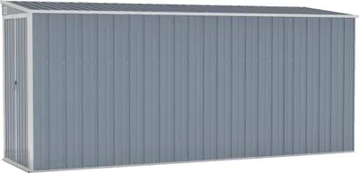 A full-front view of a gray metal shed with a silver trim.