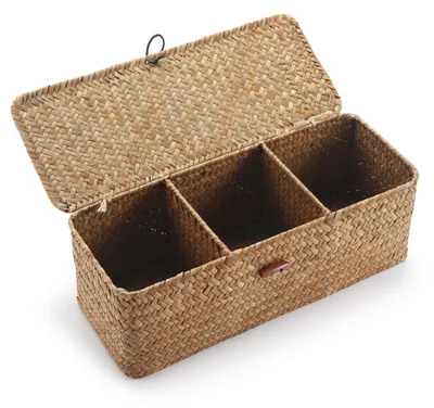 Produktbild von Aufbewahrungskorb mit Deckel - Handgewebtes Seegras - 3 Fächer - 33 cm x 13 cm x 11 cm - Multifunktional - Für Organisation - Aufbewahrungsbox