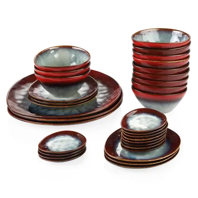 Image de Service de table vancasso en faïence, service de vaisselle 33 pièces, comprenant des plats de service, des assiettes à dessert, un saladier, des coupelles à sauce, style vintage