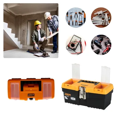 Produktbild von Werkzeugkoffer aus Kunststoff, Werkzeugkasten, Werkzeugbox, Werkzeug Organizer, 2 Kunststoffverschlüsse, schwarz/orange, 410 x 209 x 195 mm