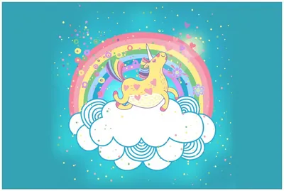 Produktbild von Wallario Premium Glasbild, freischwebende Optik, kräftige Farben, Größe 90 x 60 cm Motiv Lustiges Einhorn auf einer Wolke vor Regenbogen