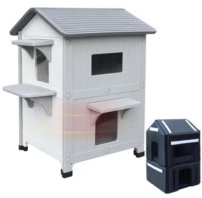 Produktbild von Katzenhaus Outdoor 2-stöckig weiß Kunststoff mit Auskleidung & Escape-Tür