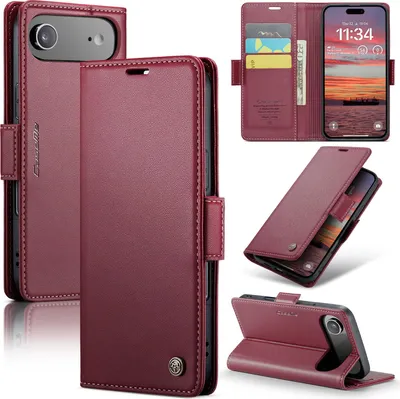 Produktbild von Lederhülle für iPhone Air Brieftasche Kartenfach Schutzhülle mit Standfunktion Rot