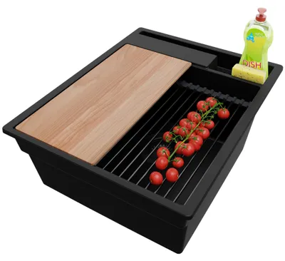 Produktbild von PRIMAGRAN Spülbecken Alles Schwarz 43x53cm, Granitspüle 1 Becken + Ablauf-Set + Küchenzubehörset, Küchenspüle ab 45er Unterschrank - Oslo Pocket