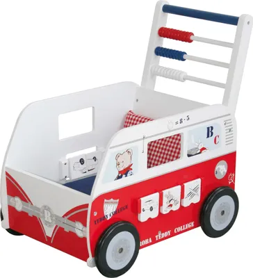 Produktbild von roba Teddybus aus Puppenmöbel Serie 'Teddy College', Puppenwagen weiss lackiert, Puppenzubehör inkl. Kissen, Decke und Spielfunktionen