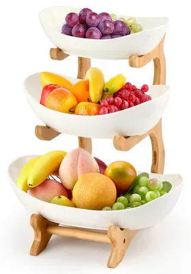 Image de Panier à fruits en céramique à 3 niveaux avec support naturel, idéal pour la cuisine et les fêtes