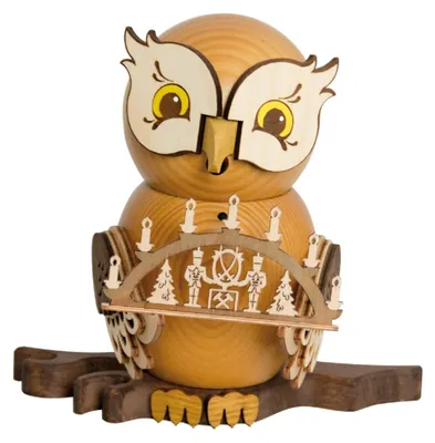 Produktbild von Drechslerei Kuhnert - Räucherfigur Eule mit Schwibbogen - Größe ca. 15cm, für Räucherkerzen Größe M (Standard) - 37225