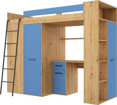 Podkrovná posteľ VERANA L (ľavá) Poschodová posteľ Predsieň 90x200 Šatníková skriňa Policové schody ARTISAN OAK / BLUE