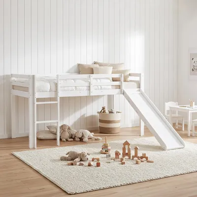 Produktbild von Homestyle4u Hochbett 90x200 Kinder Weiß mit Lattenrost Rutsche Spielbett