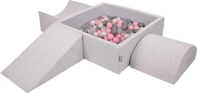 Produktbild von KiddyMoon spielplatz aus schaumstoff mit quadrat bällebad (300 bälle) ballgruben für babys spielbad hindernisläufen, hergestellt in der eu, hellgrau:perle/grau/transparent/puderrosa