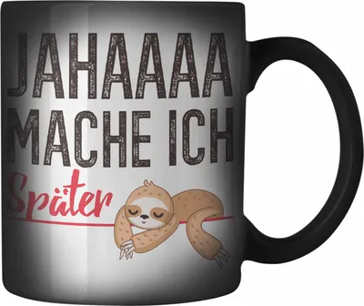 Produktbild von Trendation - Faultier Farbwechsel Zauber-Tasse Jahaaa Mache Ich Später Lustige Karabiner Farbwechsel Zauber-Tasse Edelstahl mit Spruch Geburtstag Kinder Frauen Männer Kollegin (Schwarz)