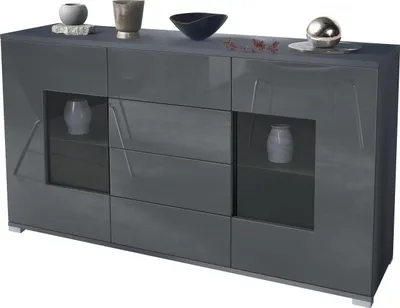 Produktbild von Vladon Sideboard Grömitz V1, Kommode mit 2 großen Türen und 4 Schubladen, Anthrazit matt/Grau Hochglanz (138,5 x 75,5 x 35)