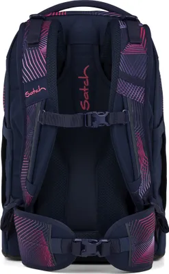 The back view of a navy blue Satch backpack with pink and purple geometric patterns.