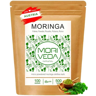 Produktbild von Moringa Blattpulver mikrofein vermahlen, höchste Bioverfügbarkeit, 100% Oleifera, 500g von Moriveda