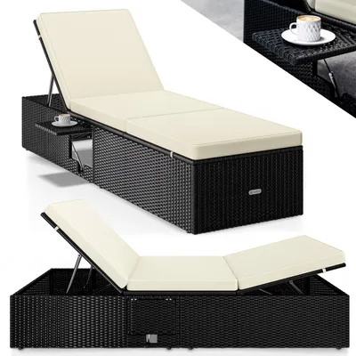 Produktbild von CASARIA® Sonnenliege mit Klapptisch Wetterfest 7cm Auflagen Gartenliegen 160kg Belastbar 7-fach Verstellbar Liegestuhl Polyrattan Schwarz Creme 200x58cm