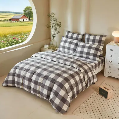 Obrázok produktu pre Sada posteľnej bielizne, 3-dielna - 200 x 200 cm - Bavlna, sivá/biela, kockovaná