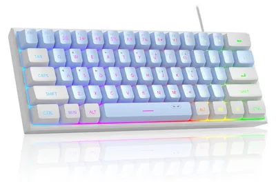 Produktbild von 60% Gaming Tastatur kabelgebunden RGB, 61 Tasten Membran Keyboard mit FN Funktion & Anti-Ghosting, kompakte USB Tastatur weiß-blau