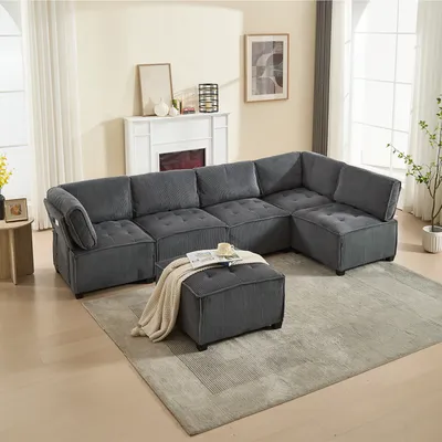 Image de LVHOM Canapé modulable en forme de U 308 x 82 x 154 cm, 6 places avec fonction sommeil, Canapé d'angle modulable en velours côtelé, canapé en mousse convertible, ensemble de canapés, Gris