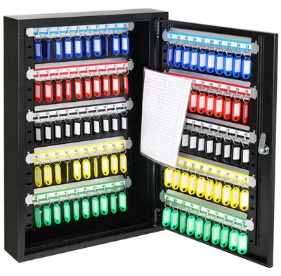 Produktbild von Schlüsselschrank aus Stahl mit 100 Haken, abschließbar, HMF, 55x38x8 cm, Schwarz