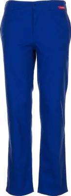 A pair of blue trousers shown front-on against a white background.