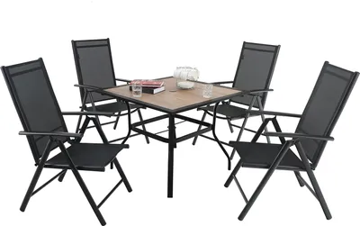 A garden table and four chairs set.
