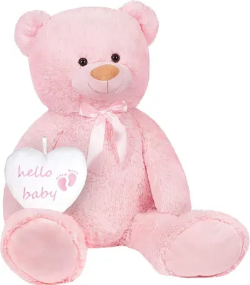 Image de BRUBAKER XXL Ours en peluche 100 cm avec cœur Hello Baby - Cadeau de fête pour nouveau-nés filles - Doudou peluche - Rose