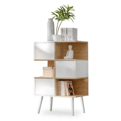 Produktbild von komodee Forio Regal, Weiß Eiche, mit Türen und 6 Fächern, 70x35x102 cm, für Wohnzimmer, Esszimmer und Schlafzimmer