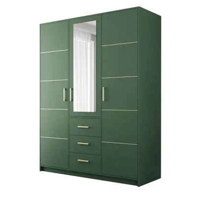 Produktbild von Drehtürenschrank BALI D3 - 150 cm Kleiderschrank mit 3 Türen, Spiegel und 3 Schubladen, Grün