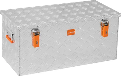 A silver aluminum storage box with orange latches is shown against a white background.