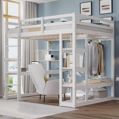 Immagine prodotto di Letto a castello a soppalco Merax 140x200cm con scrivania e armadio, letto funzionale in legno massiccio con spazio di archiviazione, scala e scaffale per bambini, bianco