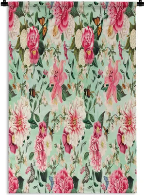 Produktbild von MuchoWow® Wandteppich Wandbehang Blumen - Lilie - Rosa - Schmetterling 90x135 cm Tapisserie Dekoration Wandtuch - Baumwolle - Wandskulptur