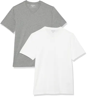 Produktbild von Amazon Essentials Herren Slim-Fit Kurzarm-T-Shirt mit V-Ausschnitt, 2er-Pack, Dark Grey Heather/White, Medium