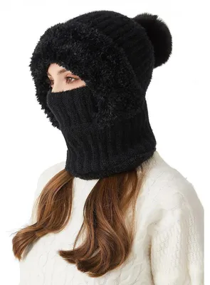Produktbild von Sturmhaube Damen 3 in 1 Strickmütze mit Schal und Gesichtsmaske Schwarz Einheitsgröße