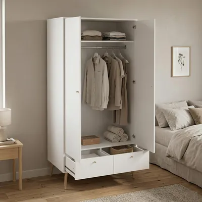 Image de Kahina - Armoire 2 portes, 99x200h cm Blanc, 1 étagère