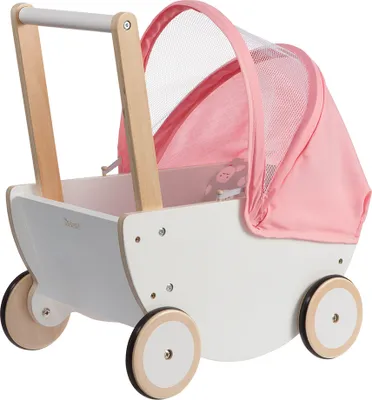 A toy doll stroller with a pink canopy.
