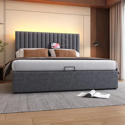 Imagen del producto de Cama tapizada Zerbaco, con espacio de almacenamiento, 140x200 cm, cama de matrimonio, con cajón, cabecero con iluminación LED, puertos USB y Type-C para carga, cabecero ajustable, color gris, con somier