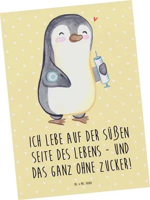 Produktbild von Mr. & Mrs. Panda Postkarte Pinguin Diabetes - Gelb Pastell - Geschenk, Zuckerkrankheit, Ansichtskarten, bildkarte, Postkarten, Mellitus, Ansichtskarte, Grußkarte