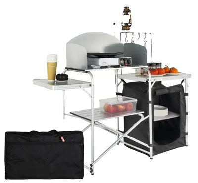 Produktbild von VEVOR Campingküche Tisch, faltbarer Outdoor-Kochtisch mit Aufbewahrungstasche, Aluminium-Kochstation mit 3 Schränken & abnehmbarem Windschutz, schnelle Einrichtung für Picknicks, BBQ, Wohnmobilreisen, Schwarz, Basis Typ, Schwarz-a
