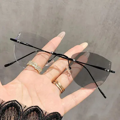 Produktbild von Ultraleichte Damenbrille - Modell 9923 - Randloses Gestell, Kurzsichtigkeitsbrille, Cateye-Form, Farbwechsel-Gläser, Holzbügel - Schwarz