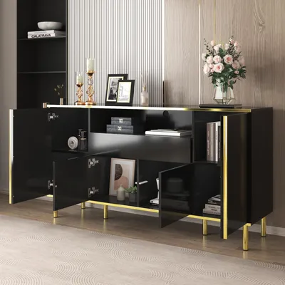 Image de Buffet à 4 portes avec éclairage LED, 1 tiroir, finition noir brillant et doré, design moderne, 150 x 40 x 80 cm