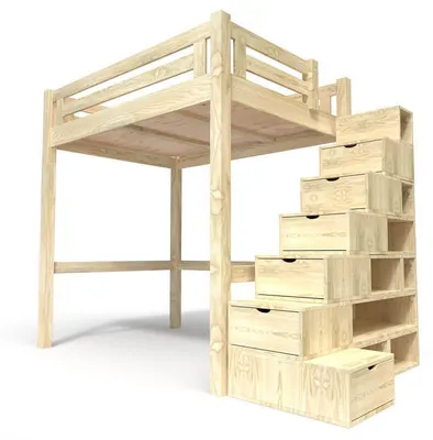 Immagine prodotto di Letto a soppalco in legno 140x200 Alpage con ripiano per scale - Grezzo (senza laccatura)