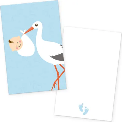 Produktbild von itenga 24x Kärtchen "Storch mit Baby" hellblau pastell in Visitenkartengröße