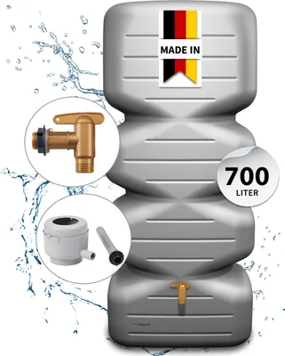 Produktbild von GARANTIA CUBUS Regentonne Komplett-Set 700 Liter, betongrau inkl. Kunststoff-Auslaufhahn und Fallrohranschluss