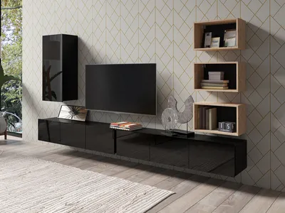 Produktbild von Wohnwand CALABRINI-36 Wohnzimmer-Set Hängewohnwand Schrankwand Schrank TV-Schrank Moderne Anbauwand Hochglanz (Schwarz / Artisan Eiche)