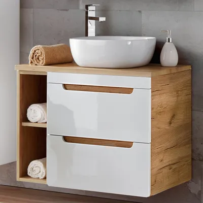 Produktbild von Waschtisch-Set 80 cm mit 42 cm Keramik-Waschbecken LUTON-56 in Hochglanz weiß mit Wotan Eiche Nb., B/H/T ca. 81/76,5/46 cm